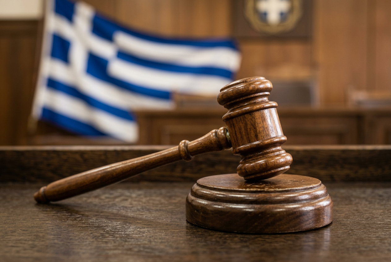 A Greek flag and a wooden gavel symbolizing the legal framework for gambling in Greece.